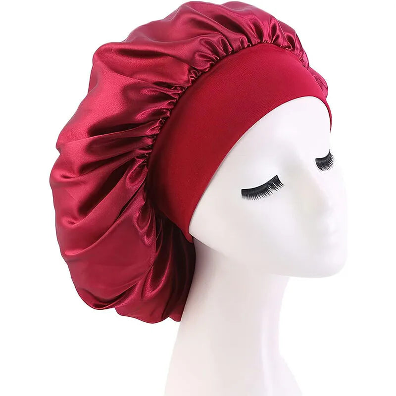 Women Satin Bonnet Night Sleep Cap Hair Hat Silk Head Cover Wide Elastic Band
