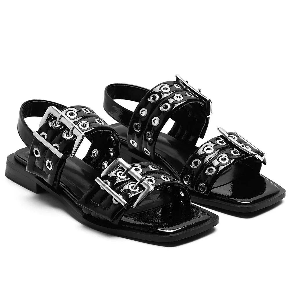 GIGIFOX INS Brand New Buckle Strap Square Toe Flat Sandals For Women Metal Buckle Rivet Leisure Casual All-Match Flats Shoes