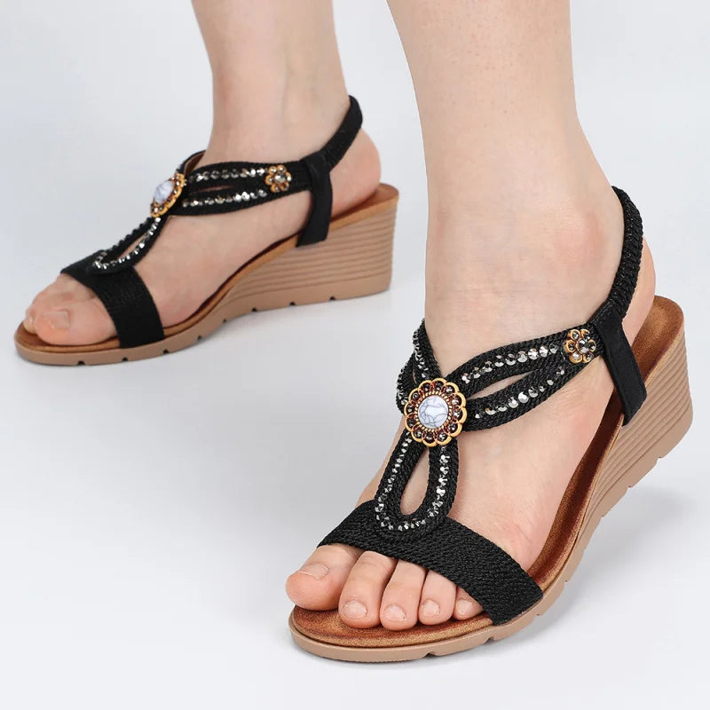 Women'S Thick-Soled Sandals Wedge-Heeled Beach Shoes Fashionable Rhinestones Comfortable Trendy Casual Shoe High Heels
