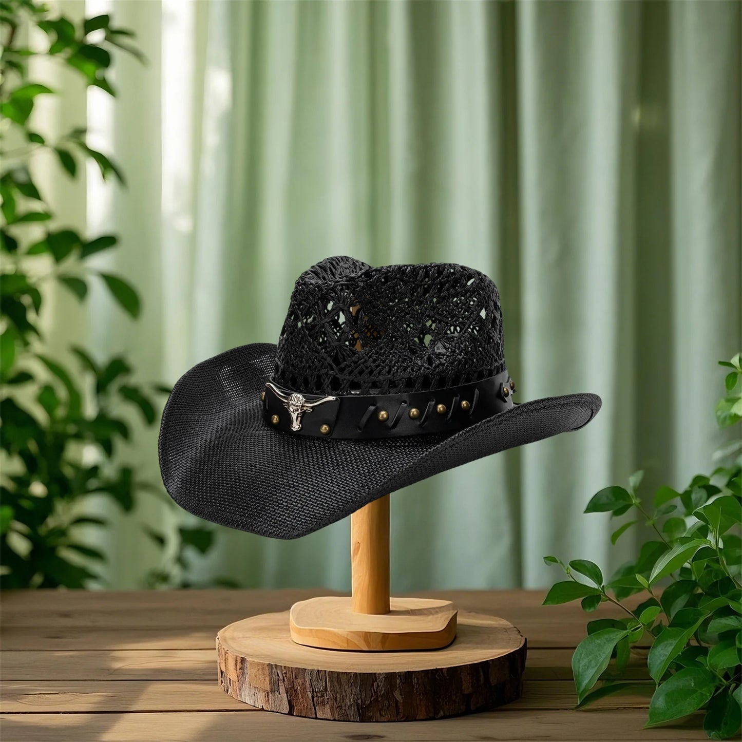 Women s Vintage Western Style Cowgirl Hat with Embroidered Bull Head Design Wide Brim Sun Hat for Outdoor Events and Festivals