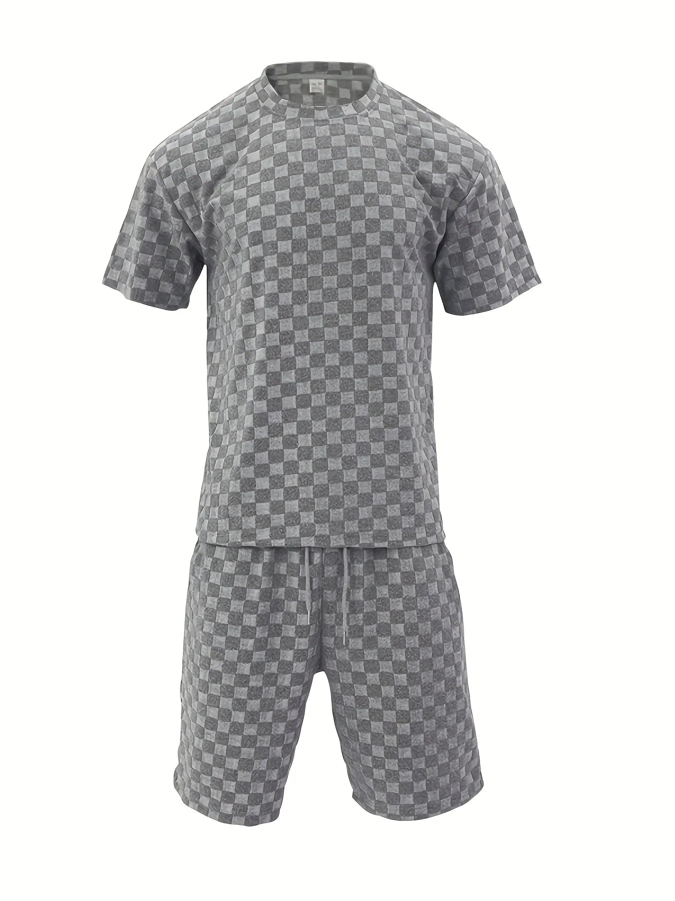 Men's Summer Jacquard Plaid Short-Sleeve T-Shirt And Loose Straight-Leg Casual Shorts Set