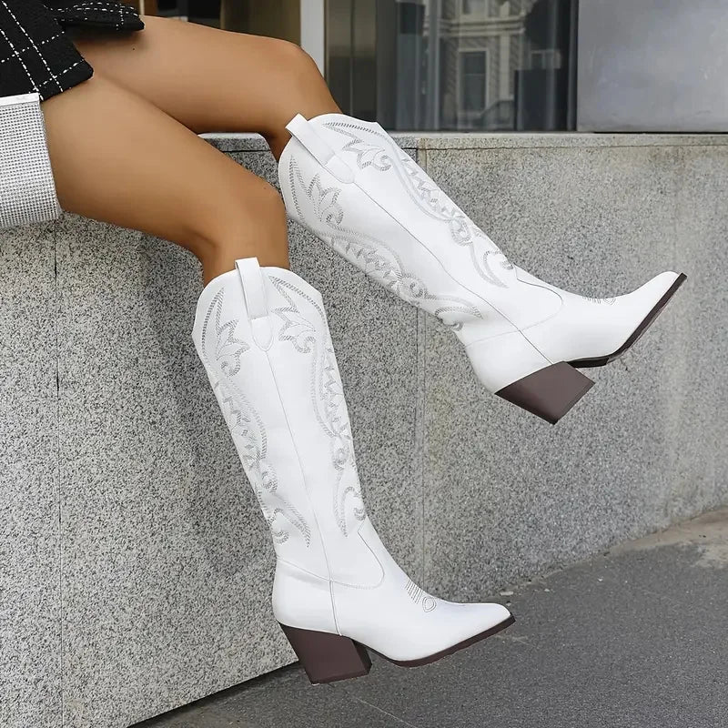 women's pointed toe knee high cowboy boots fashion embroider block chunky high heels western cowgirl boots