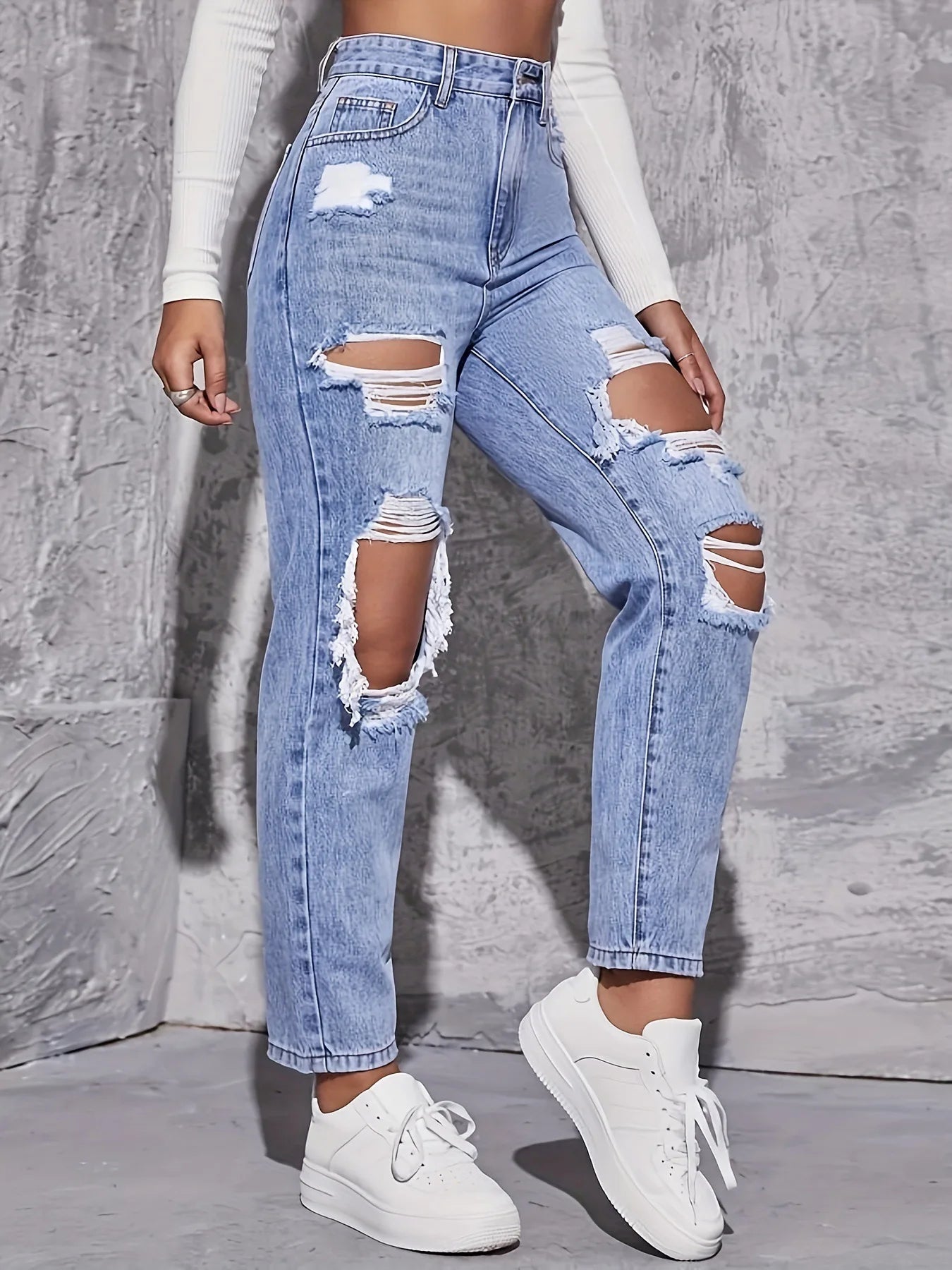 2025 Women's New Denim Pants, High Waisted Straight Leg, Perforated, Casual Style, Fashionable and Versatile