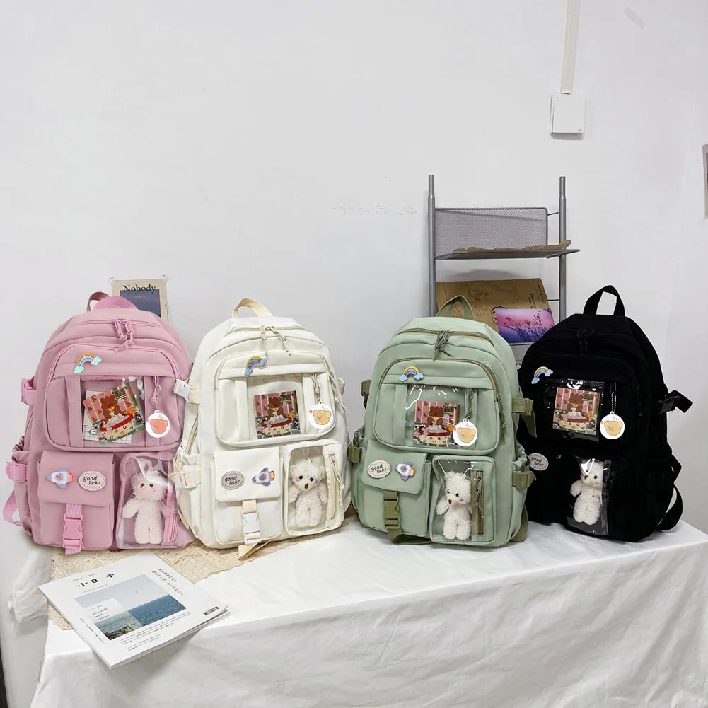 Laptop Backpack Fashion College Student Rucksack with Plush Pendant Pin Cute Kawaii Large Capacity Japanese Style for Teen Girls