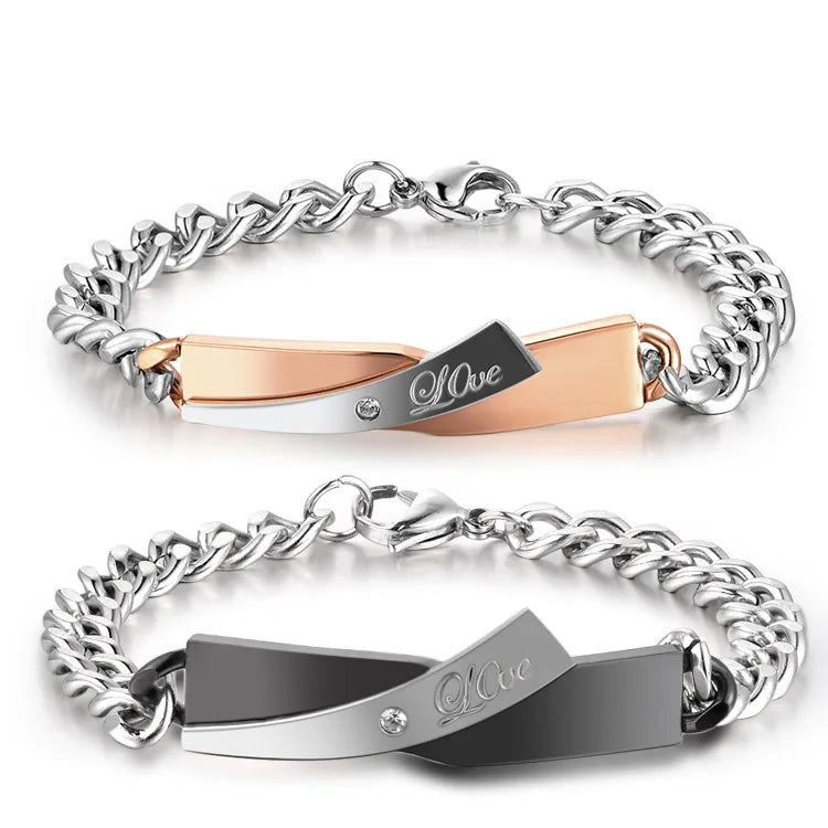 Trendy Silver Rose Gold Love Bracelet for Women Men – Stainless Steel Chain Couple Jewelry Gift for Anniversary or Birthday