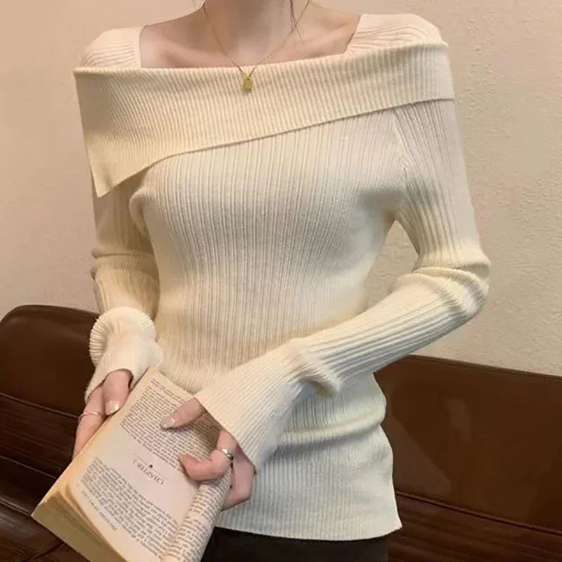 Solid Sexy Slim Off Shoulder Slash Neck Long Sleeve Knitting Sweater Women Jumpers Office Fashion New