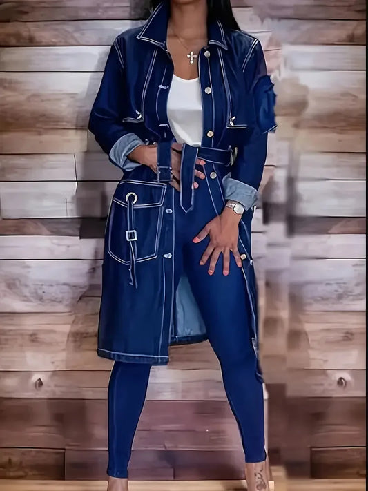 Women's Blue Denim Trench Coat - Elegant Long Jean Jacket with Belt, Flap Pockets & Adjustable Straps, Spring Fall Outerwear