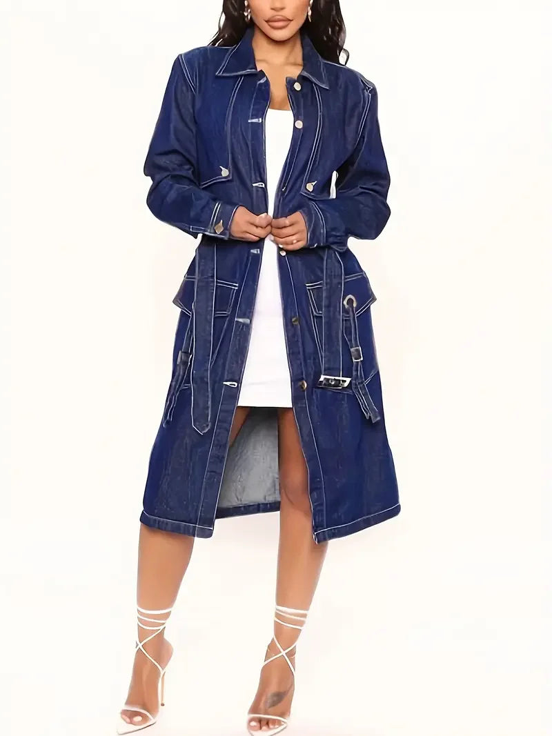 Women's Blue Denim Trench Coat - Elegant Long Jean Jacket with Belt, Flap Pockets & Adjustable Straps, Spring Fall Outerwear