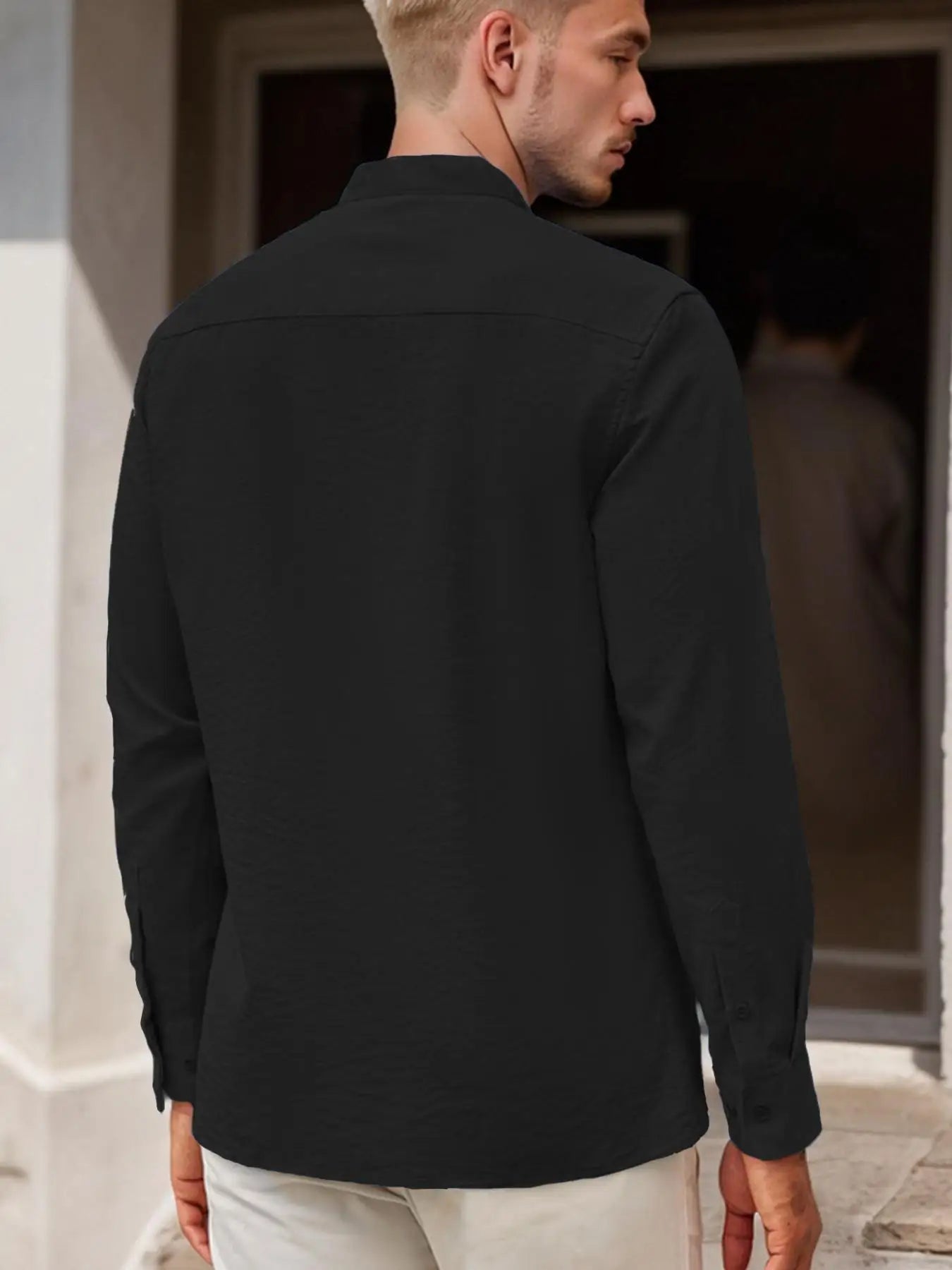 Men's Stand Collar Long Sleeve Casual Shirt, Front Placket Design with Patch Pockets, Suitable for Various Occasions