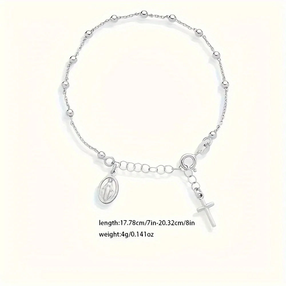 925 Sterling Silver Italian Rosary Cross Bead Charm Link Chain Bracelet for Women, Adjustable, Made in Italy