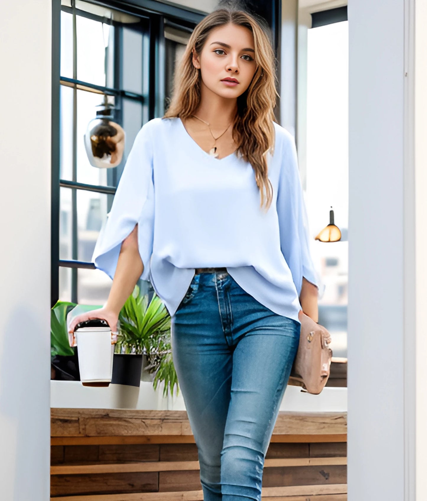 Women's Summer Tops Fashionable Casual Shirts Three Quarter Sleeve V Neck Work Shirts Business Casual Shirts