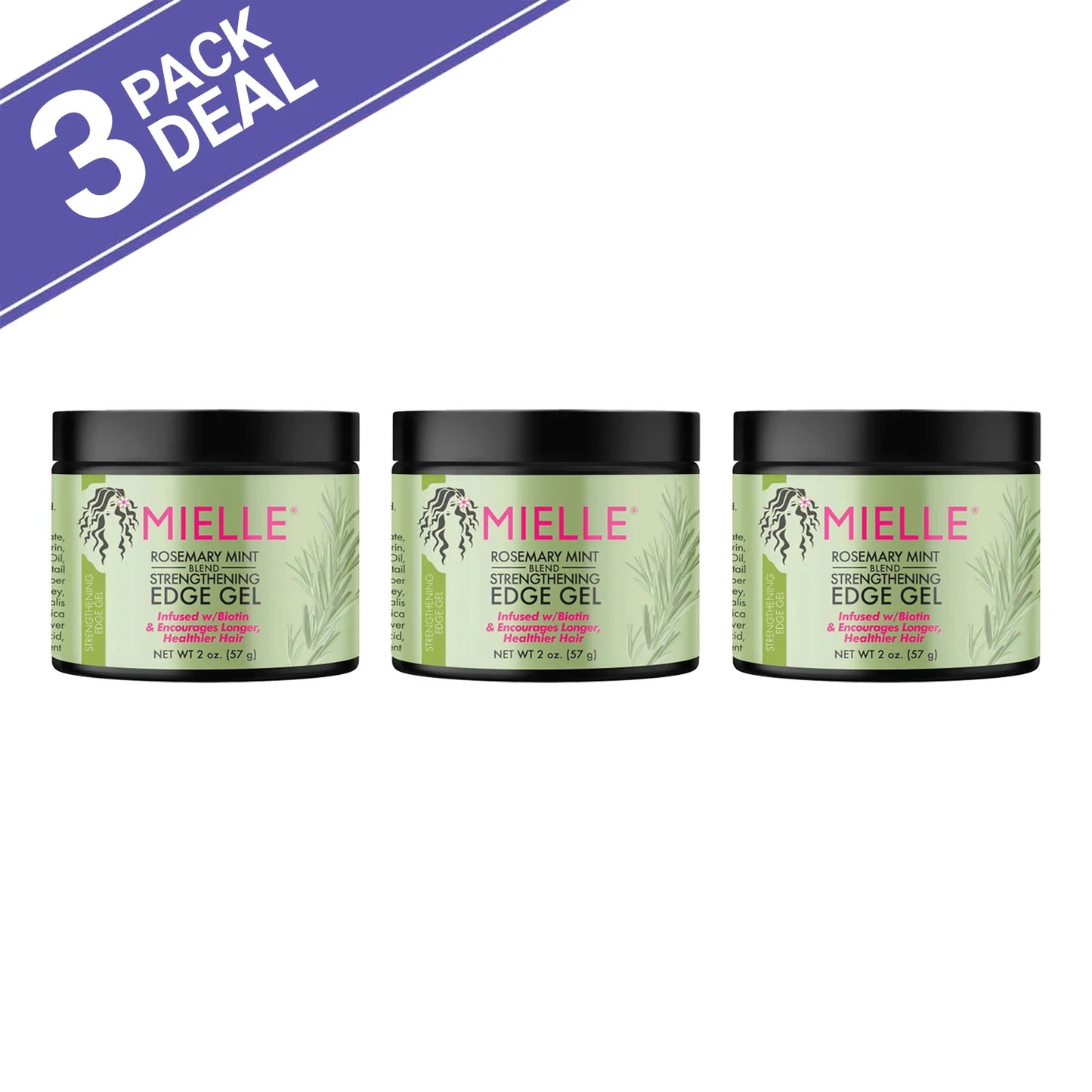 3Pack Deal Mielle Rosemary Mint Strengthening Edge Hair Gel 2oz/ 57g - Strong Hold, Nourishes Edges, Adds Natural Shine