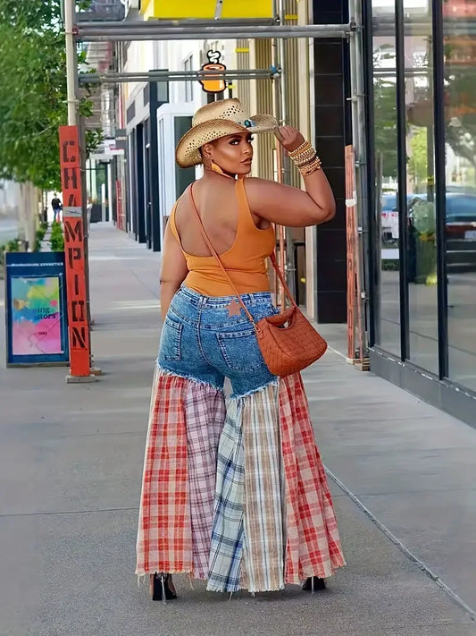 Women's Wide Leg Jeans - Plaid Stitch Loose Fit Denim Pants with Button Closure, Long Casual Streetwear Outfit