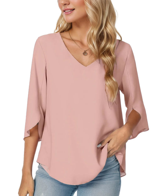 Women's Summer Tops Fashionable Casual Shirts Three Quarter Sleeve V Neck Work Shirts Business Casual Shirts