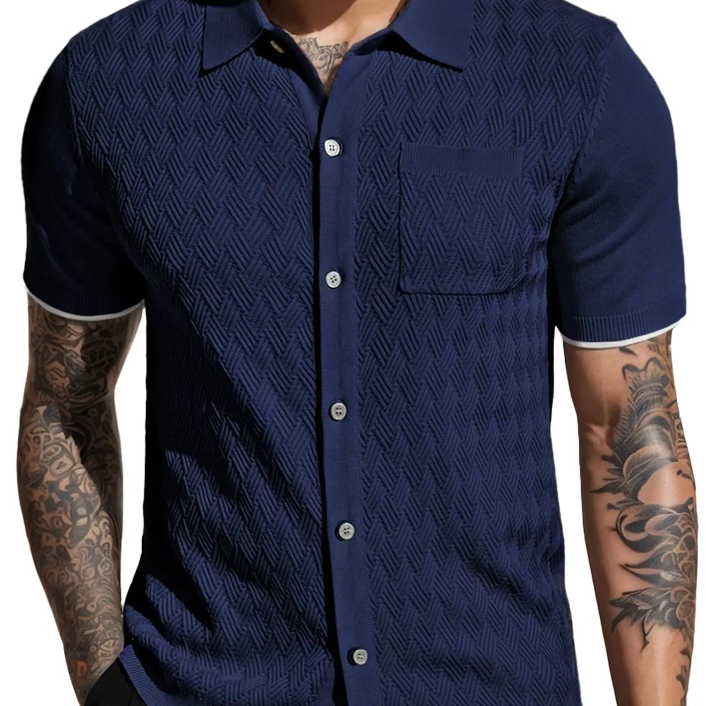 Men's Short Sleeve Casual Knit Textured Button-Down Polo Shirt With Pockets