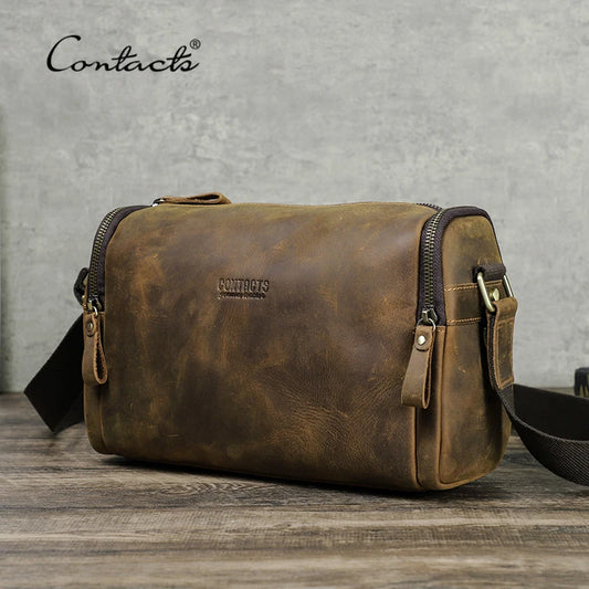 Crazy Horse Leather Men Handbag Designer Vintage Crossbody Bag Small Strap Sling Shoulder Bag Luxury Brand Messenger Bags New