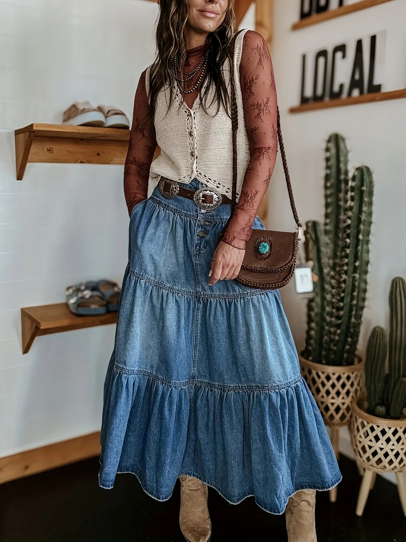 Women's Bohemian A-Line Denim Skirt - Layered Cake Ruffle Design, High Waist Vintage Fashion, Casual Streetwear for Spring Summe