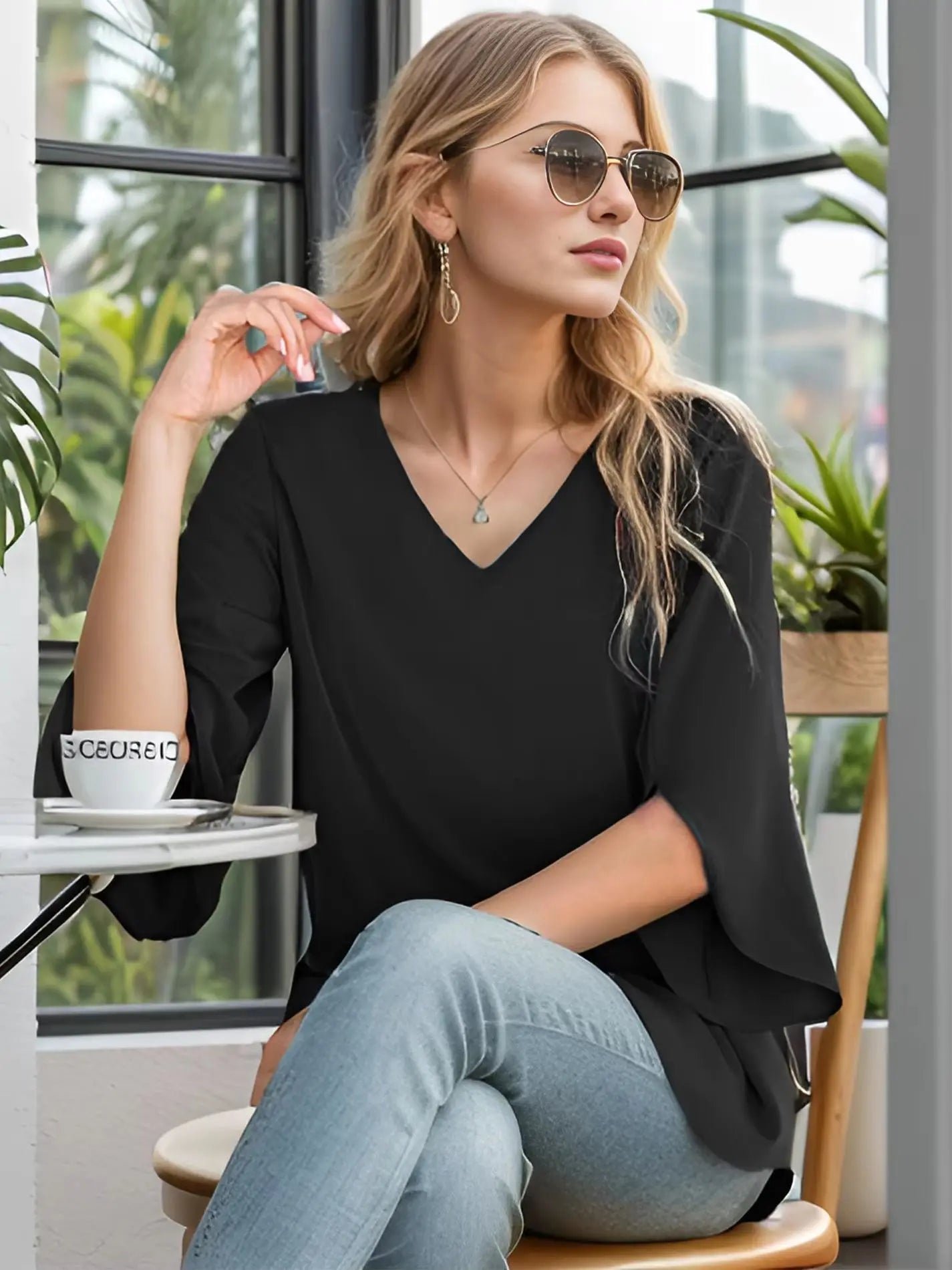 Women's Summer Tops Fashionable Casual Shirts Three Quarter Sleeve V Neck Work Shirts Business Casual Shirts