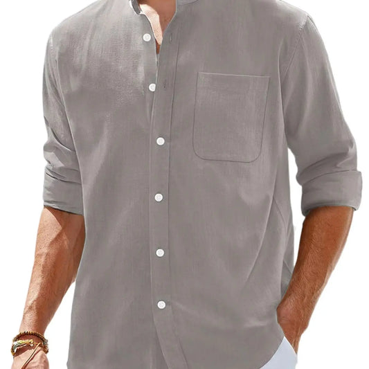 Men's Stand Collar Long Sleeve Casual Shirt, Front Placket Design with Patch Pockets, Suitable for Various Occasions