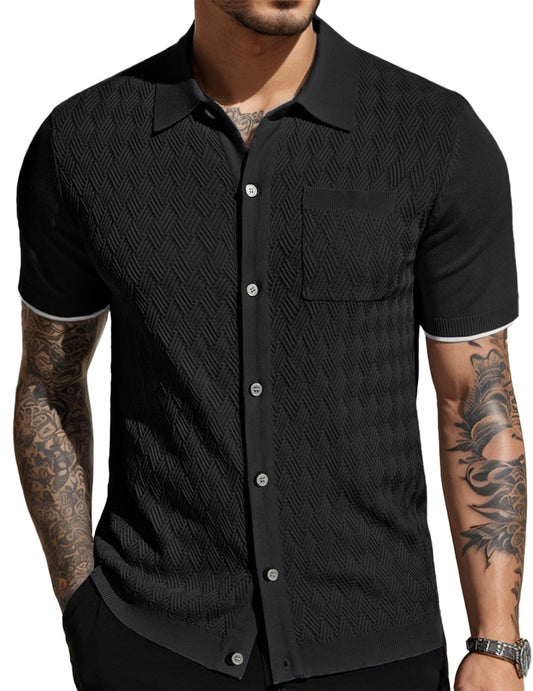 Men's Short Sleeve Casual Knit Textured Button-Down Polo Shirt With Pockets