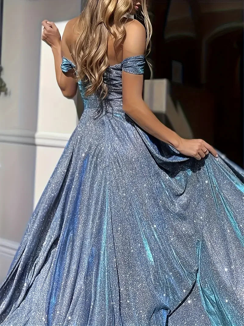 Women's Sequin Ball Gown - Off-Shoulder Sparkling Wedding Guest Dress with High-Low Hem, Elegant Formal Party Gown