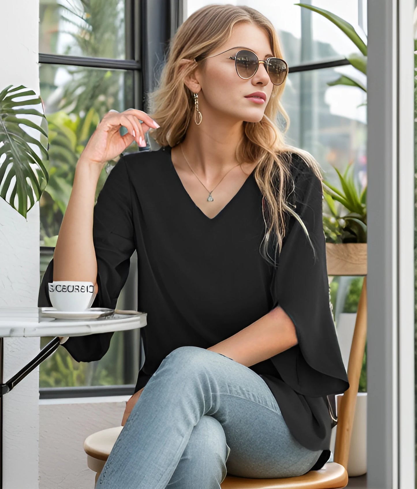 Women's Summer Tops Fashionable Casual Shirts Three Quarter Sleeve V Neck Work Shirts Business Casual Shirts