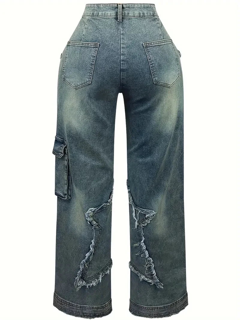 Women's High Waist Straight Jeans - Stretch Wash Loose Fit with Star Embroidery & Raw Edge, Street Style Denim Pants