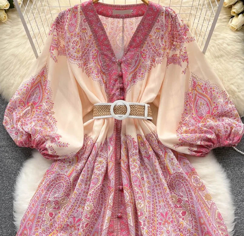 Boho Women's Dress - Vintage V-Neck Ruffled Floral Print Dress with Belt, Lantern Sleeves Button Down Casual Short Summer Dress