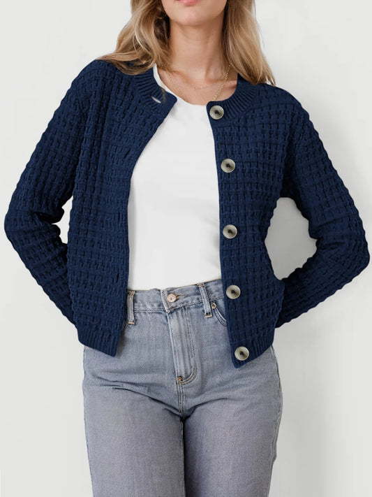 Women's Temperament Round Neck Knitted Top Retro Casual Single-Breasted Long-Sleeved Cardigan Sweater Jacket