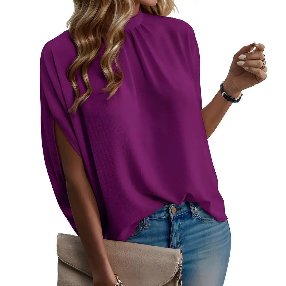Women's Casual Tie Back Mock Neck Dolman Sleeve Top Blouse