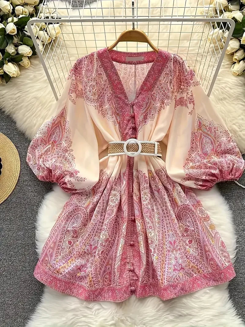 Boho Women's Dress - Vintage V-Neck Ruffled Floral Print Dress with Belt, Lantern Sleeves Button Down Casual Short Summer Dress