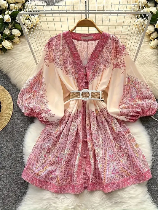 Boho Women's Dress - Vintage V-Neck Ruffled Floral Print Dress with Belt, Lantern Sleeves Button Down Casual Short Summer Dress