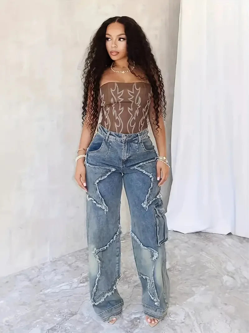 Women's High Waist Straight Jeans - Stretch Wash Loose Fit with Star Embroidery & Raw Edge, Street Style Denim Pants