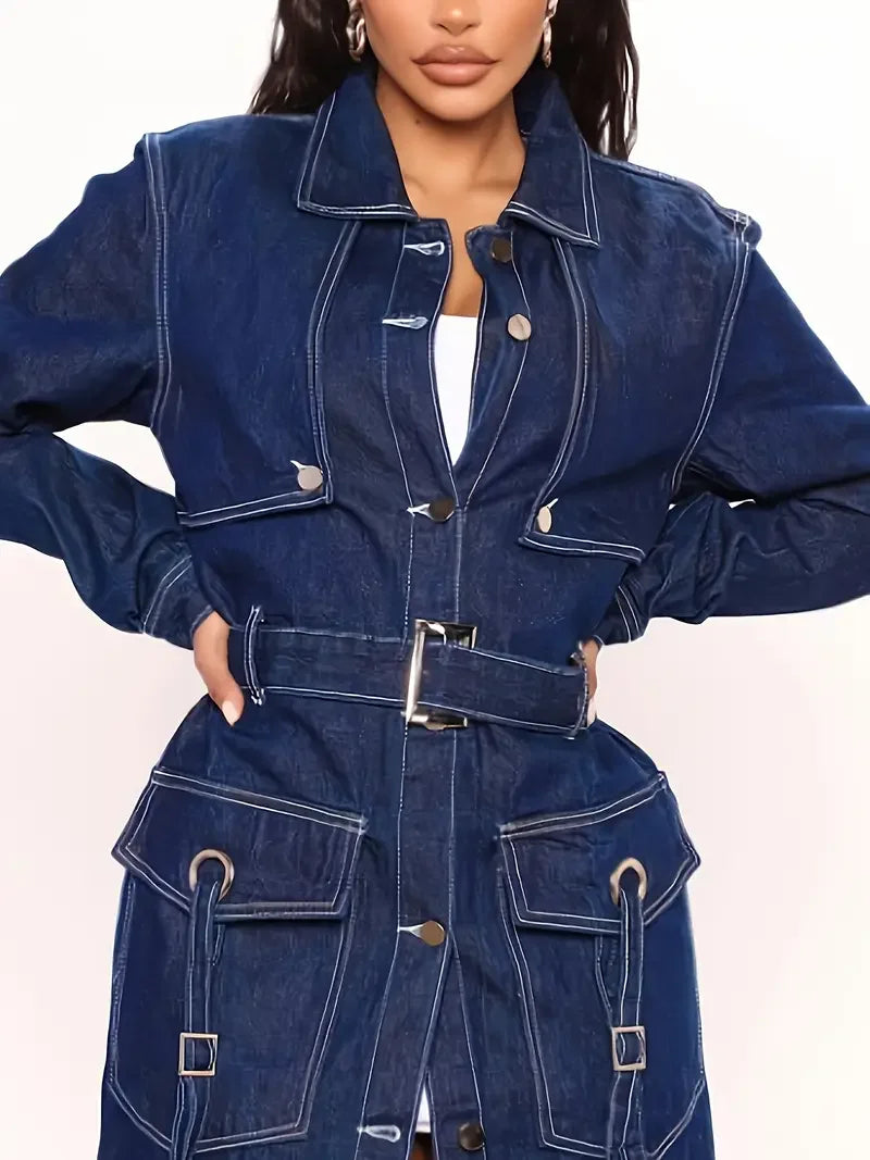 Women's Blue Denim Trench Coat - Elegant Long Jean Jacket with Belt, Flap Pockets & Adjustable Straps, Spring Fall Outerwear