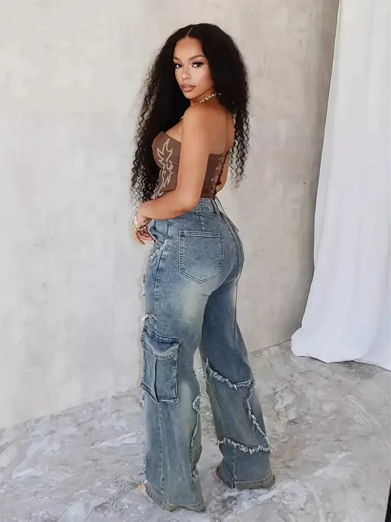 Women's High Waist Straight Jeans - Stretch Wash Loose Fit with Star Embroidery & Raw Edge, Street Style Denim Pants