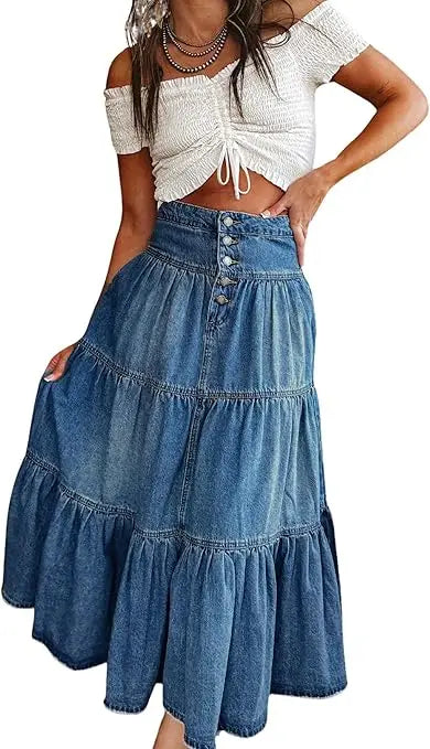 Women's Bohemian A-Line Denim Skirt - Layered Cake Ruffle Design, High Waist Vintage Fashion, Casual Streetwear for Spring Summe