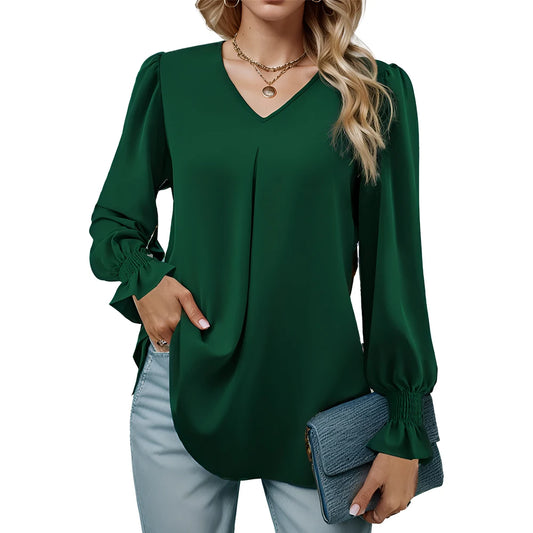 Women's V-Neck Lantern Long Sleeve Pleated Casual Loose Shirt