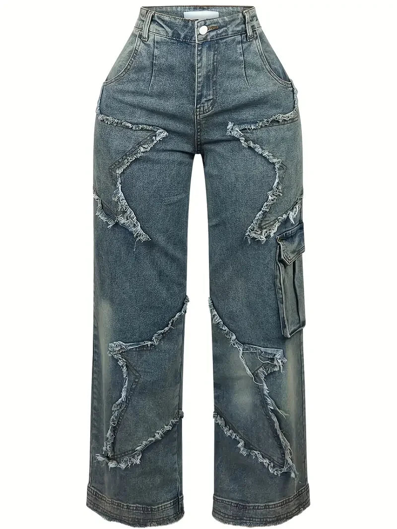 Women's High Waist Straight Jeans - Stretch Wash Loose Fit with Star Embroidery & Raw Edge, Street Style Denim Pants