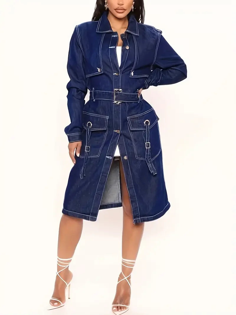 Women's Blue Denim Trench Coat - Elegant Long Jean Jacket with Belt, Flap Pockets & Adjustable Straps, Spring Fall Outerwear