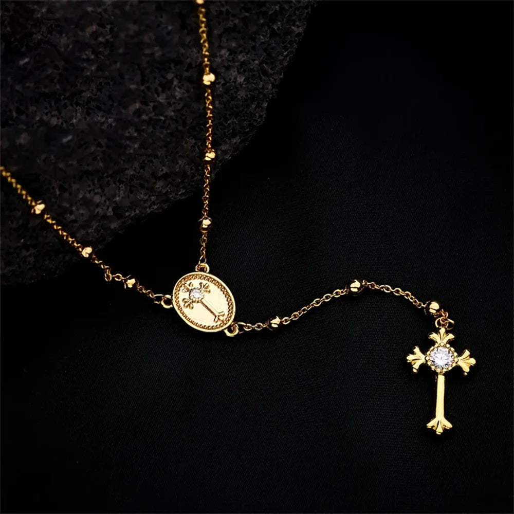 Italian 925 Sterling Silver or 18K Gold Plated Rosary Bead Cross Y Necklace Chain for Women men