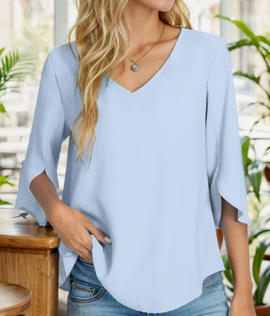 Women's Summer Tops Fashionable Casual Shirts Three Quarter Sleeve V Neck Work Shirts Business Casual Shirts