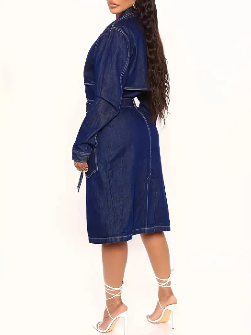 Women's Blue Denim Trench Coat - Elegant Long Jean Jacket with Belt, Flap Pockets & Adjustable Straps, Spring Fall Outerwear
