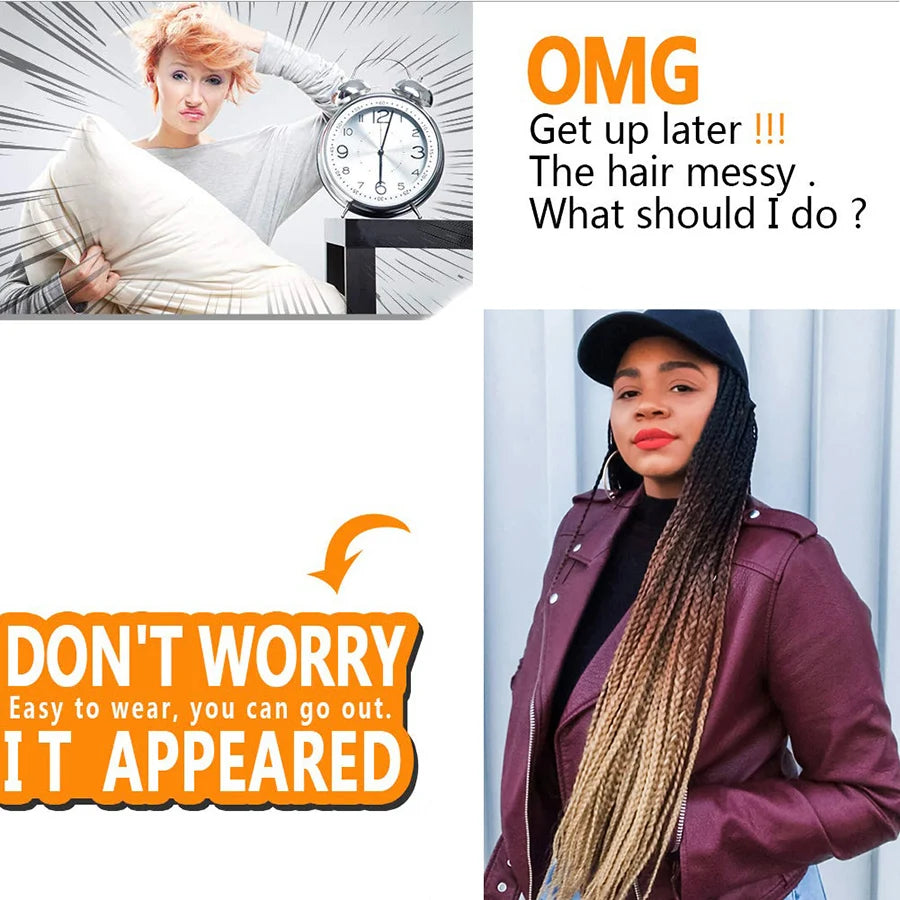 TOMO Long Synthetic Braiding Hair Baseball Cap Hat Wig Adjustable Hat with Ombre Brown Blode Box Braids for Black White Women