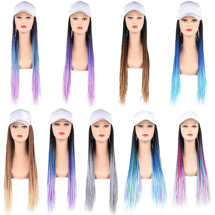 TOMO Long Synthetic Braiding Hair Baseball Cap Hat Wig Adjustable Hat with Ombre Brown Blode Box Braids for Black White Women