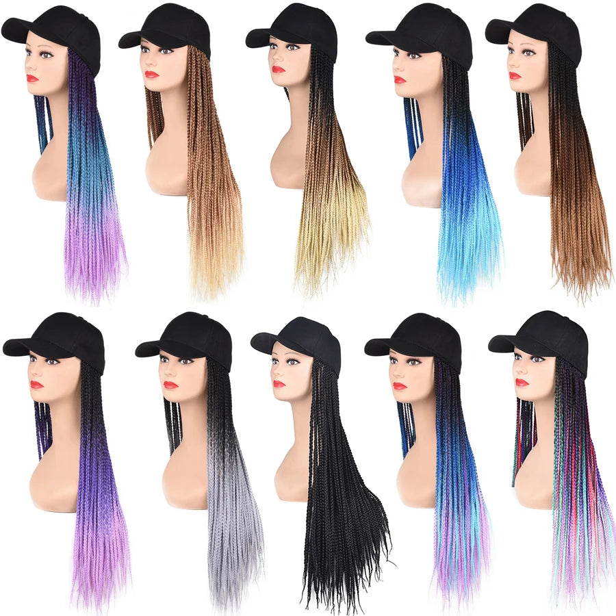 TOMO Long Synthetic Braiding Hair Baseball Cap Hat Wig Adjustable Hat with Ombre Brown Blode Box Braids for Black White Women