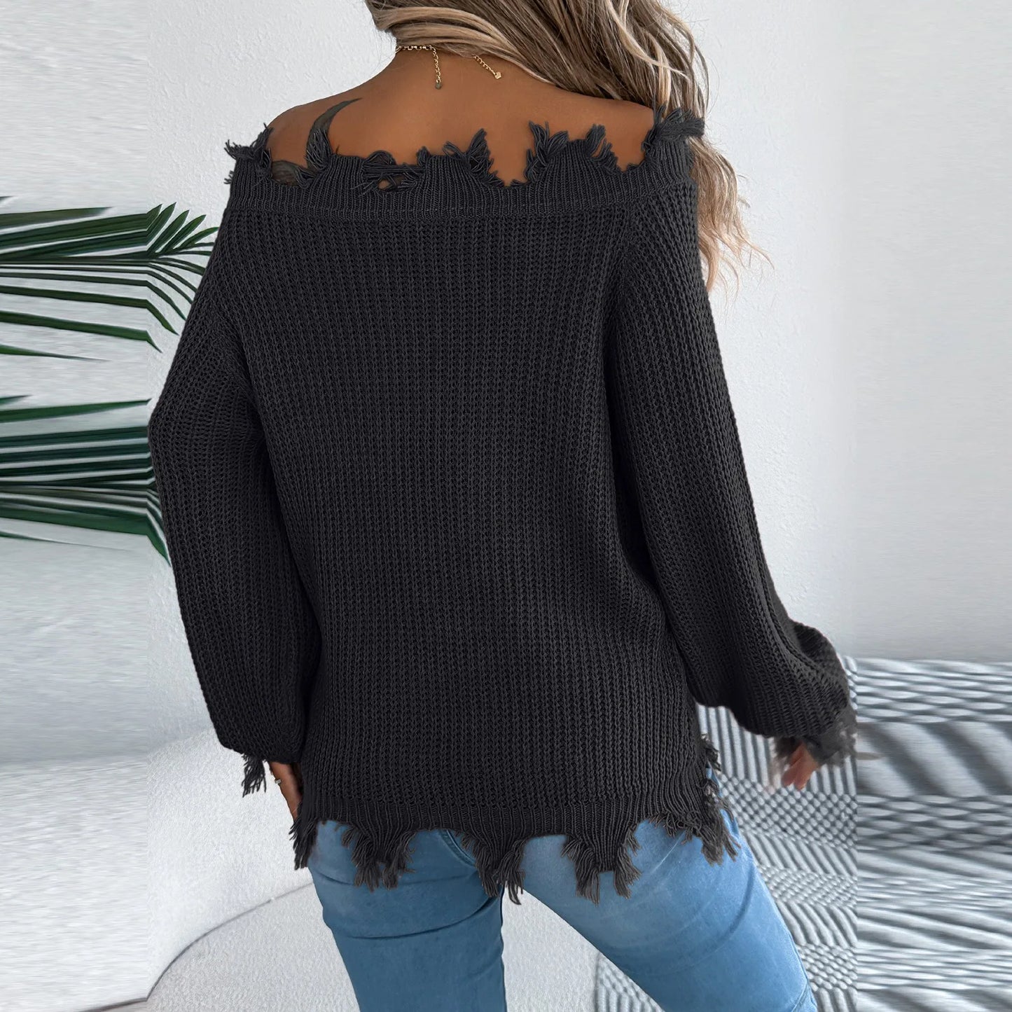 2025 New Women'S Fashion Solid Color Hollow Long Sleeve Cut Off Shoulder Pullover Sweater Ropa De Mujer Winter Clothes Woman