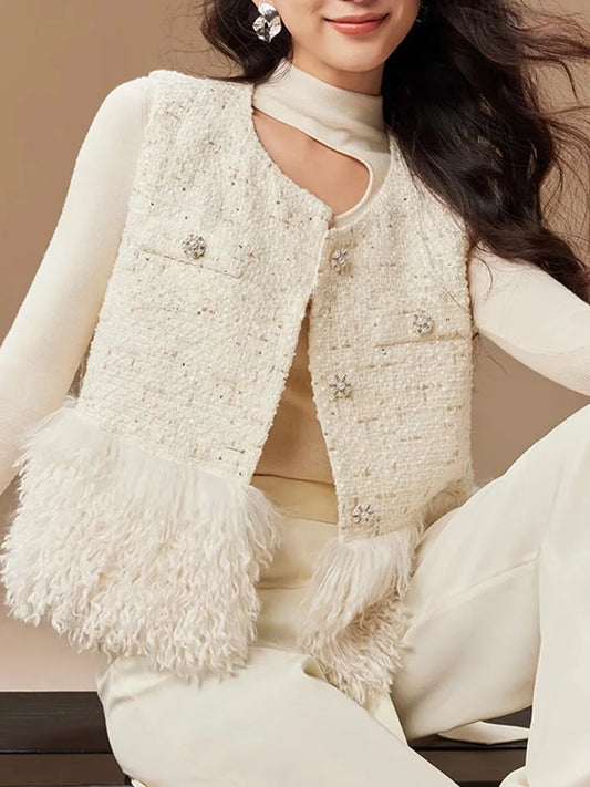 White sleeveless vest small coat elegant casual autumn and winter fashion tassel vest top short style gentle style for women