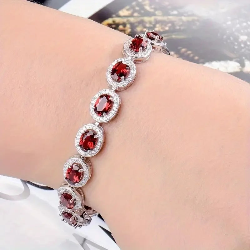 One S925 Silver Natural Stone Simple Garnet Red Bracelet, Gift For Mom |Gift For Her |Birthday |Wedding |Anniversary |Participat