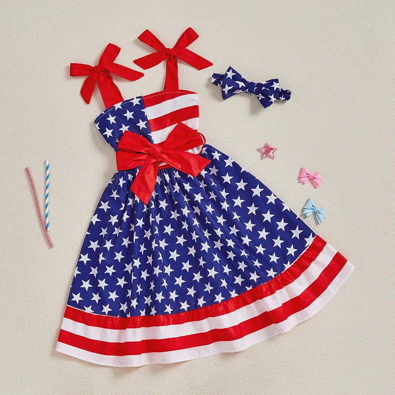 Girls Fourth of July Outfits American Flag Print Ruffle Sleeveless Dress with Matching Headband for Independence Day