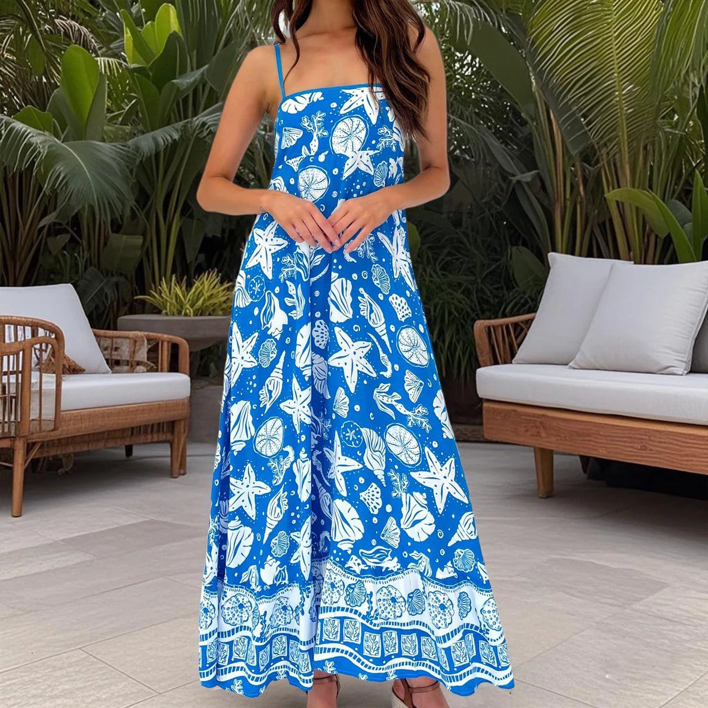 Women s Elegant Floral Print Sleeveless Maxi Dress with Adjustable Spaghetti Straps and A-Line Silhouette for Summer Beach